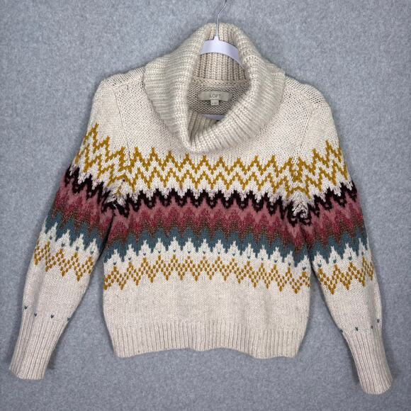 LOFT Sweater Small‎ Cream Fair Isle Oatmeal Nordic Zig Zag Cowl Neck Winter $90 - Picture 1 of 9